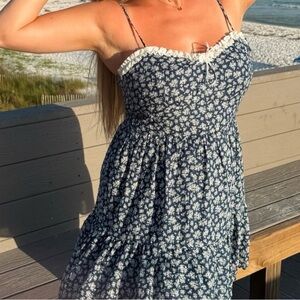 Francesca's Collections Navy and White Floral Dress with Lace Trim